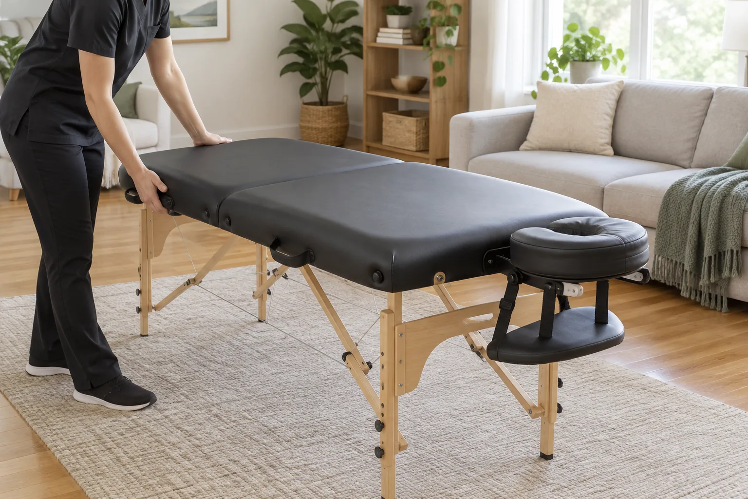 Une table de massage portable est installée dans un espace dégagé d’un domicile.