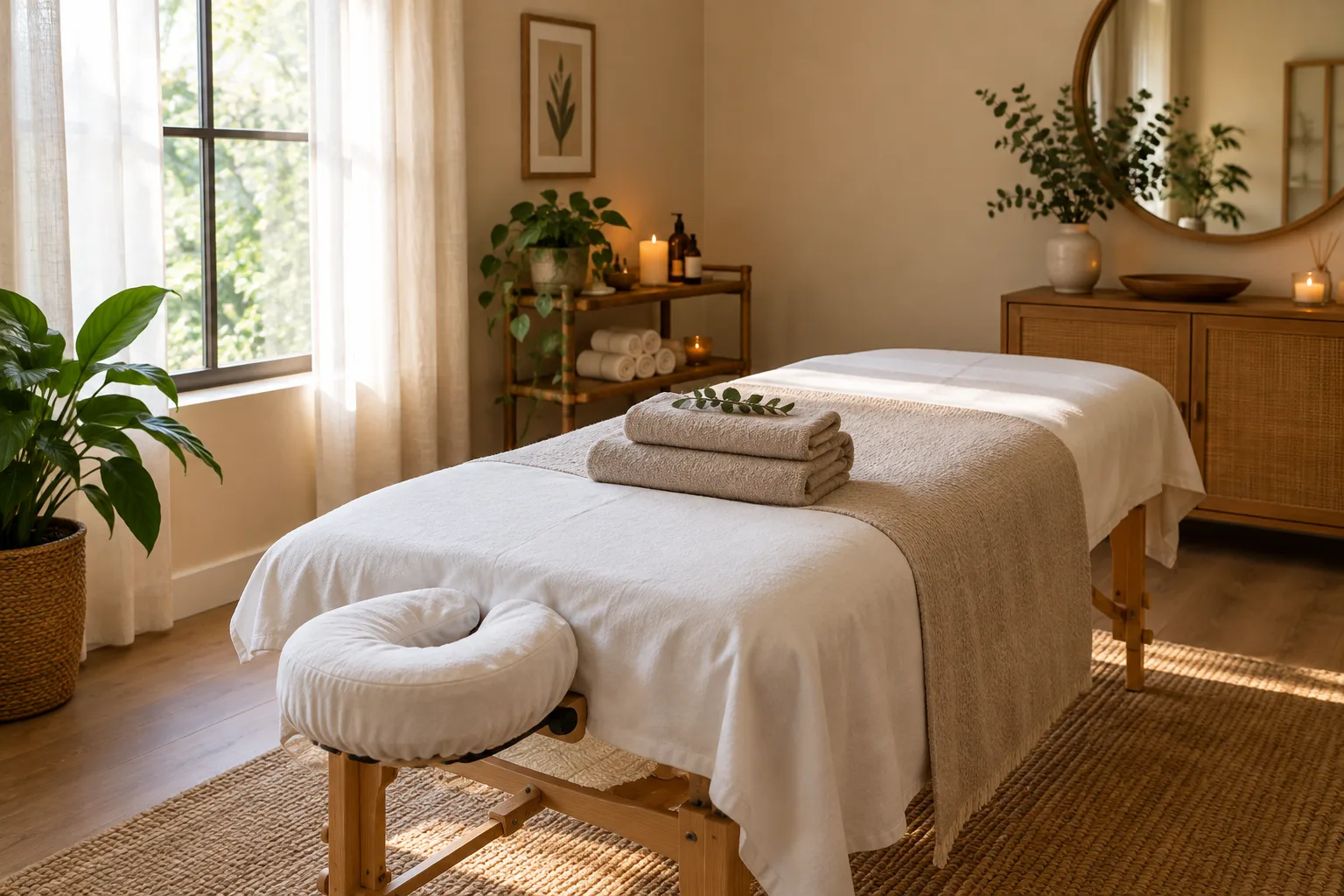 Une table de massage installée dans une pièce lumineuse et calme.