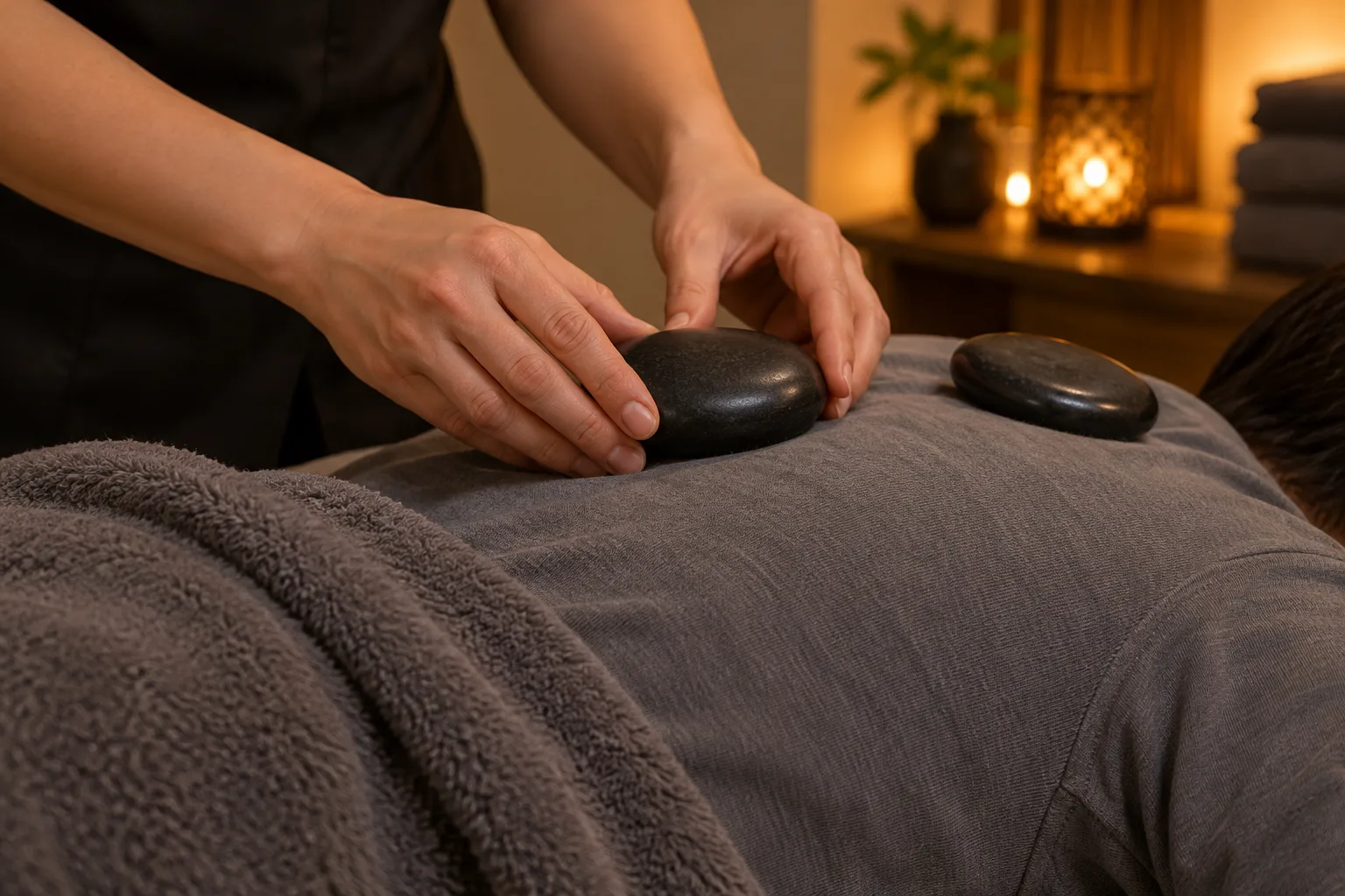 Des mains déposent délicatement une pierre chaude sur le dos d’une personne pendant un massage.