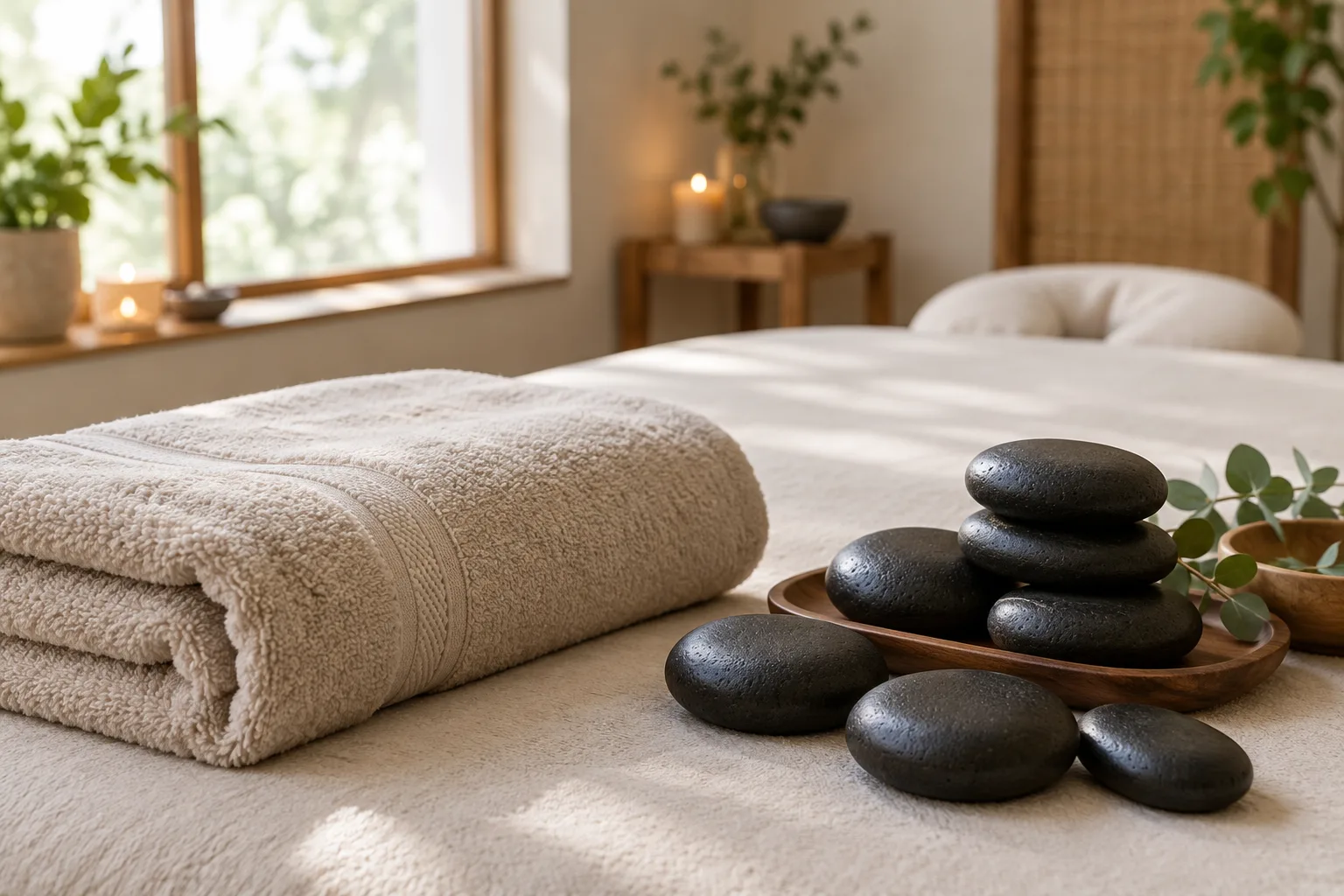 Pierres lisses réchauffées disposées près d’une serviette dans une salle de massage.