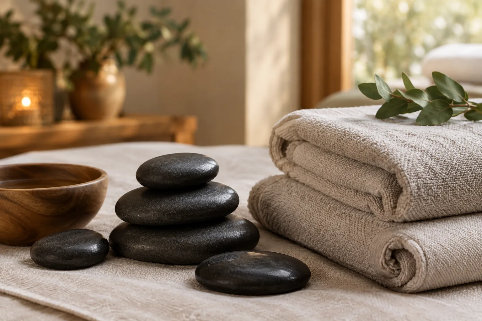 Pierres lisses disposées près de serviettes dans une salle de massage.