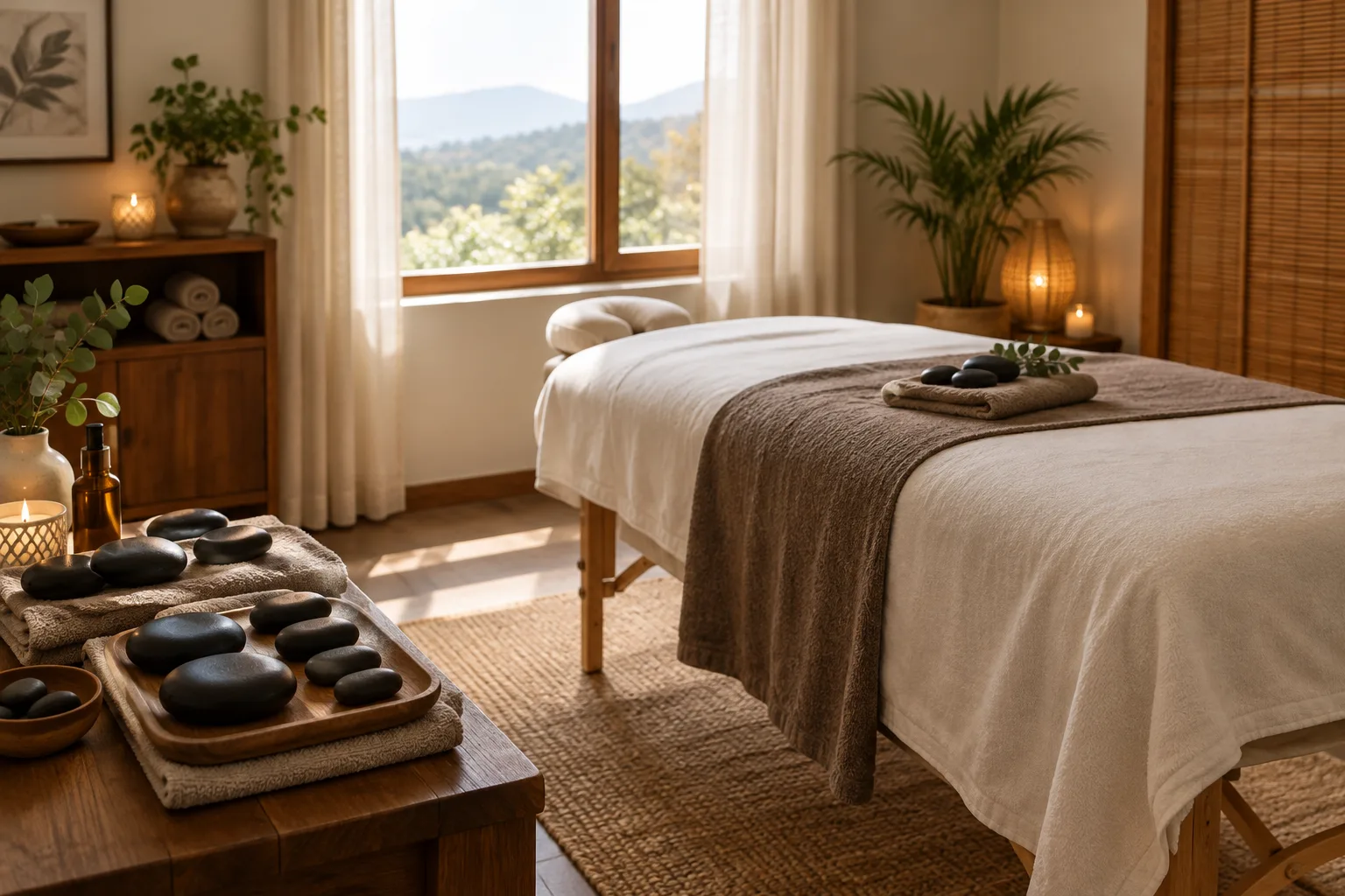 Pierres lisses disposées sur des serviettes dans une salle de massage apaisante.