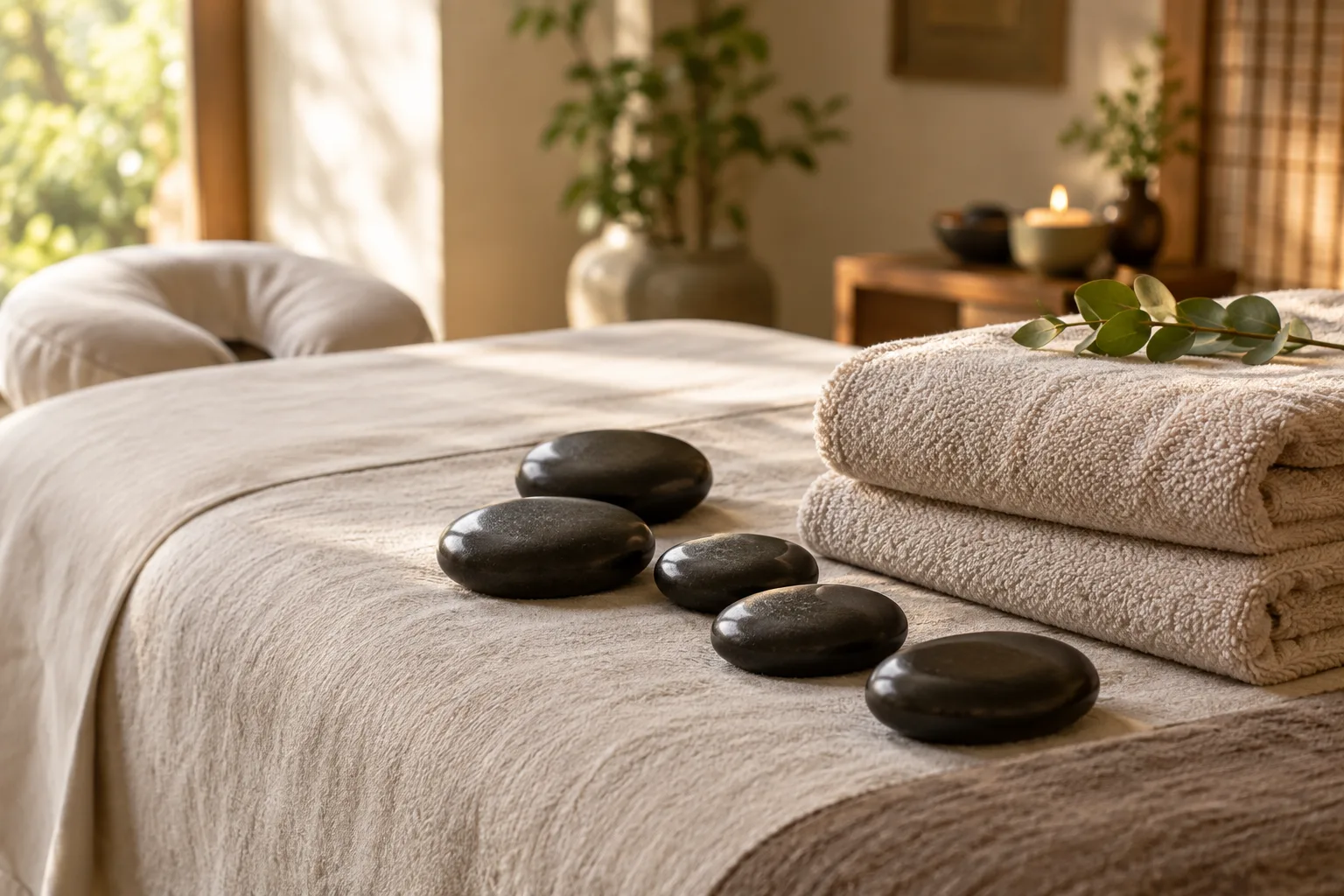 Pierres lisses réchauffées disposées sur une table de massage près de serviettes pliées.