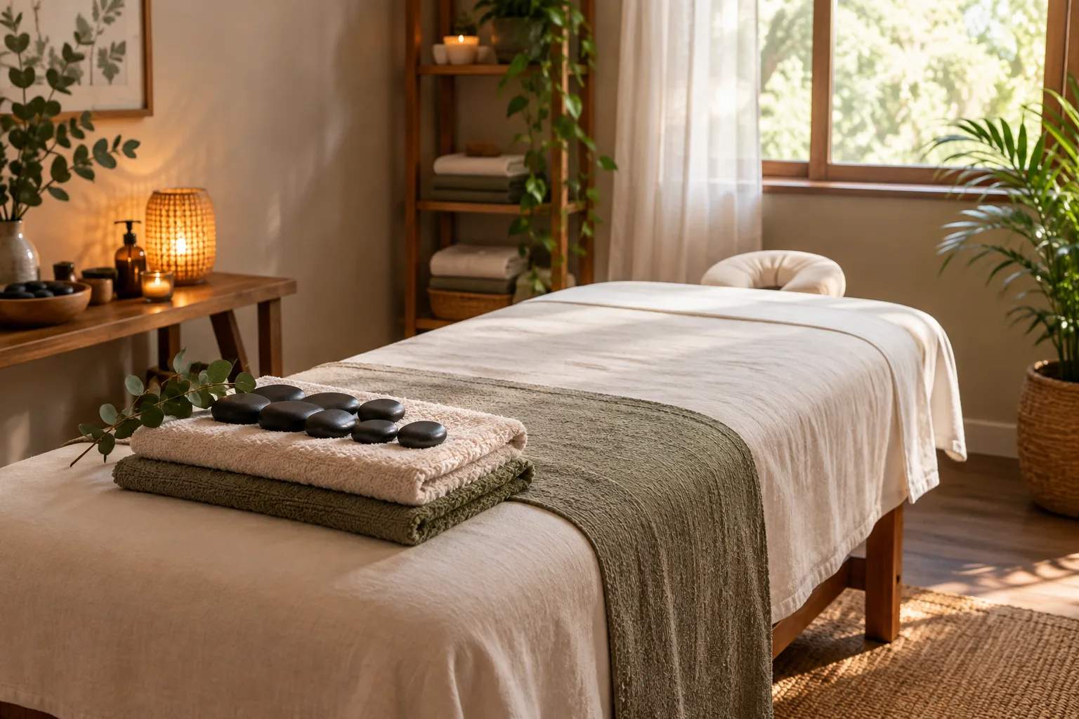 Pierres lisses disposées sur des serviettes dans une salle de massage.