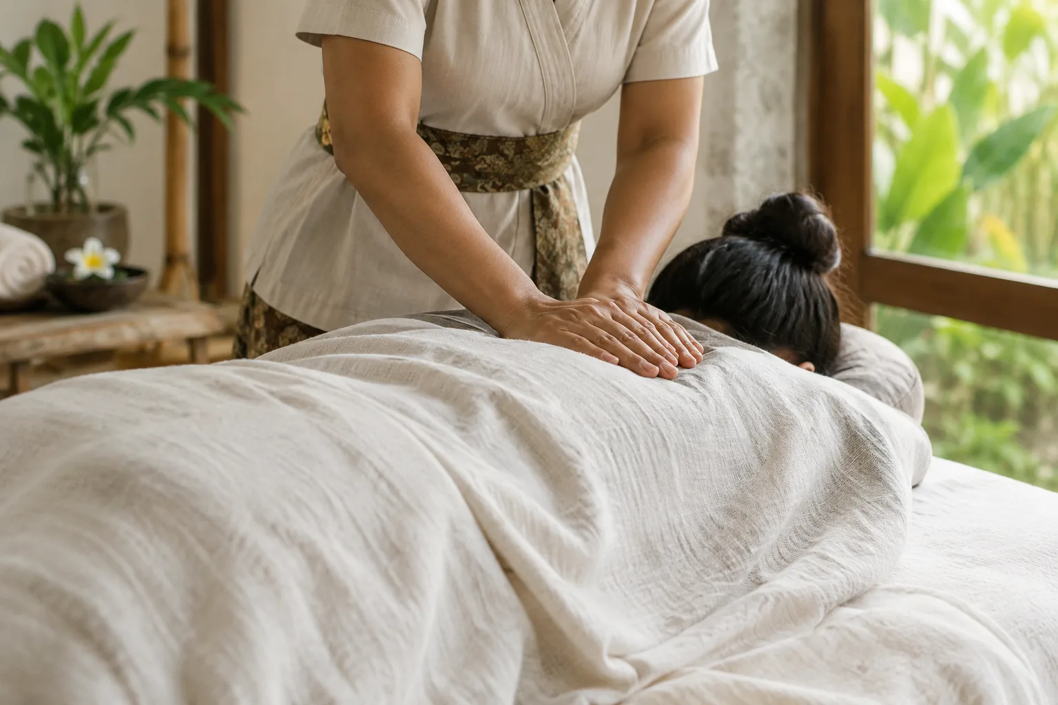 Mains d’un praticien exerçant une pression douce sur le dos d’une personne installée sur une table de massage.