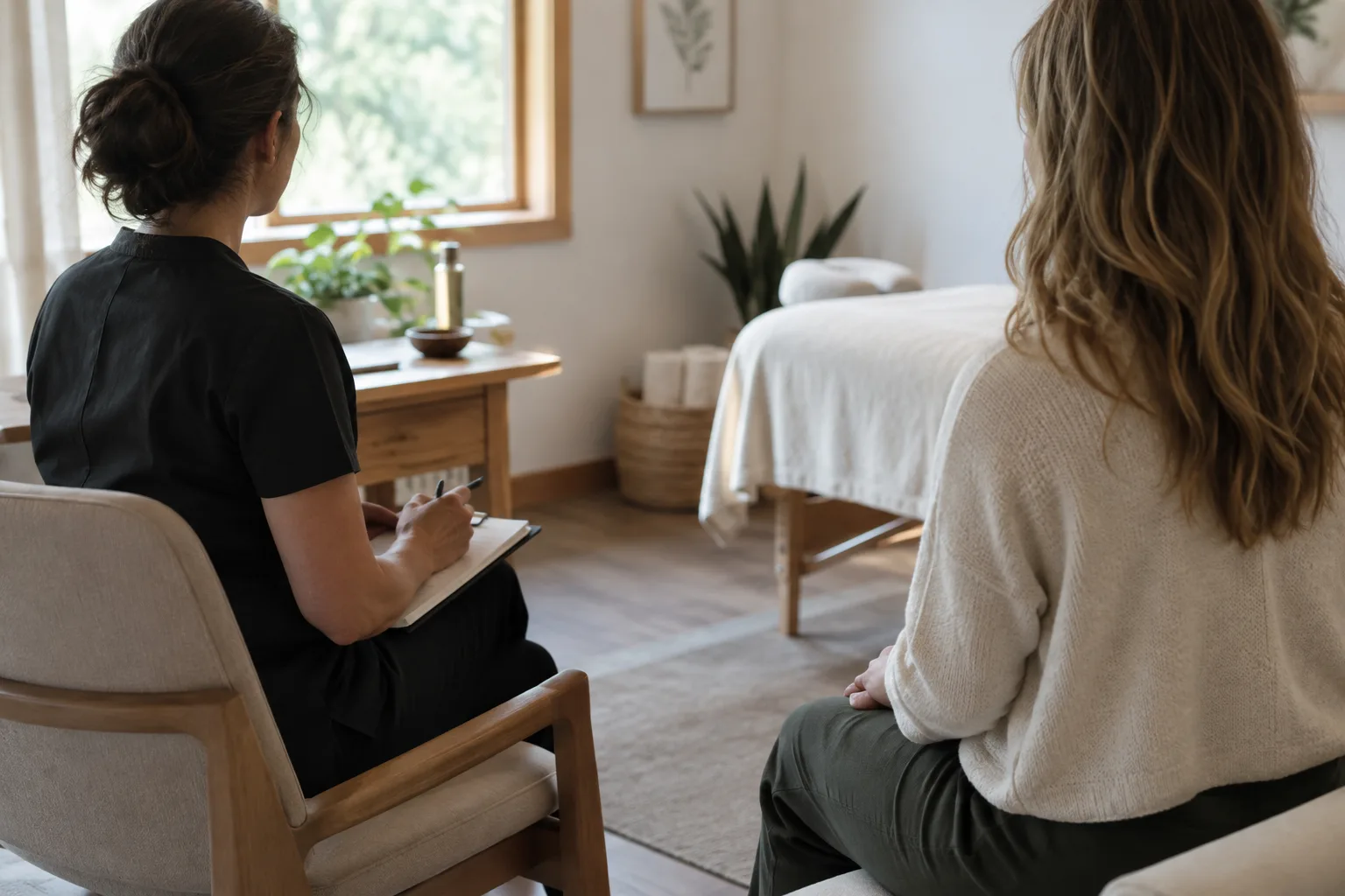 Un praticien échange avec une personne avant une séance de massage dans une pièce calme.