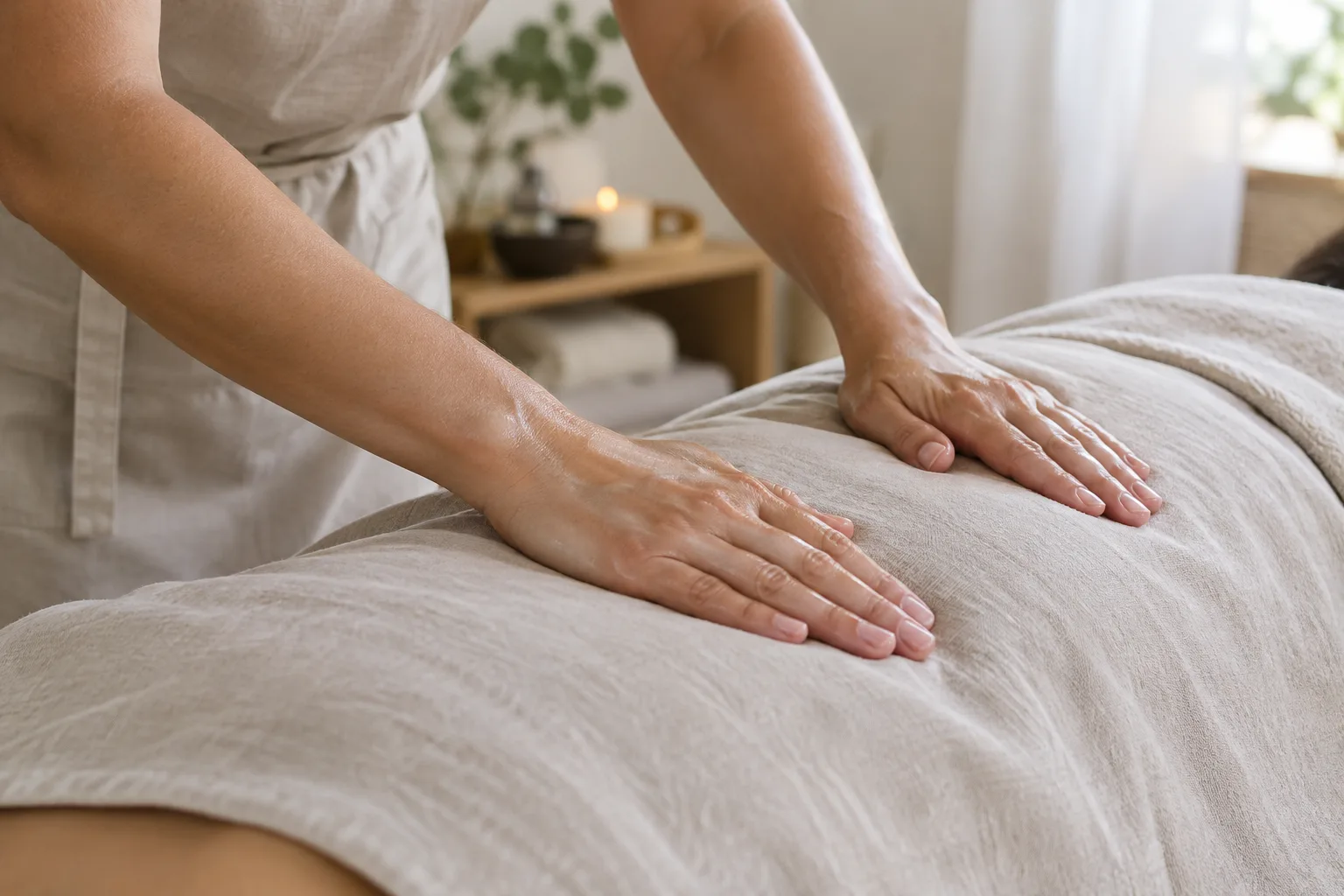 Mains d’un praticien effectuant un mouvement ample sur le dos d’une personne pendant un massage.