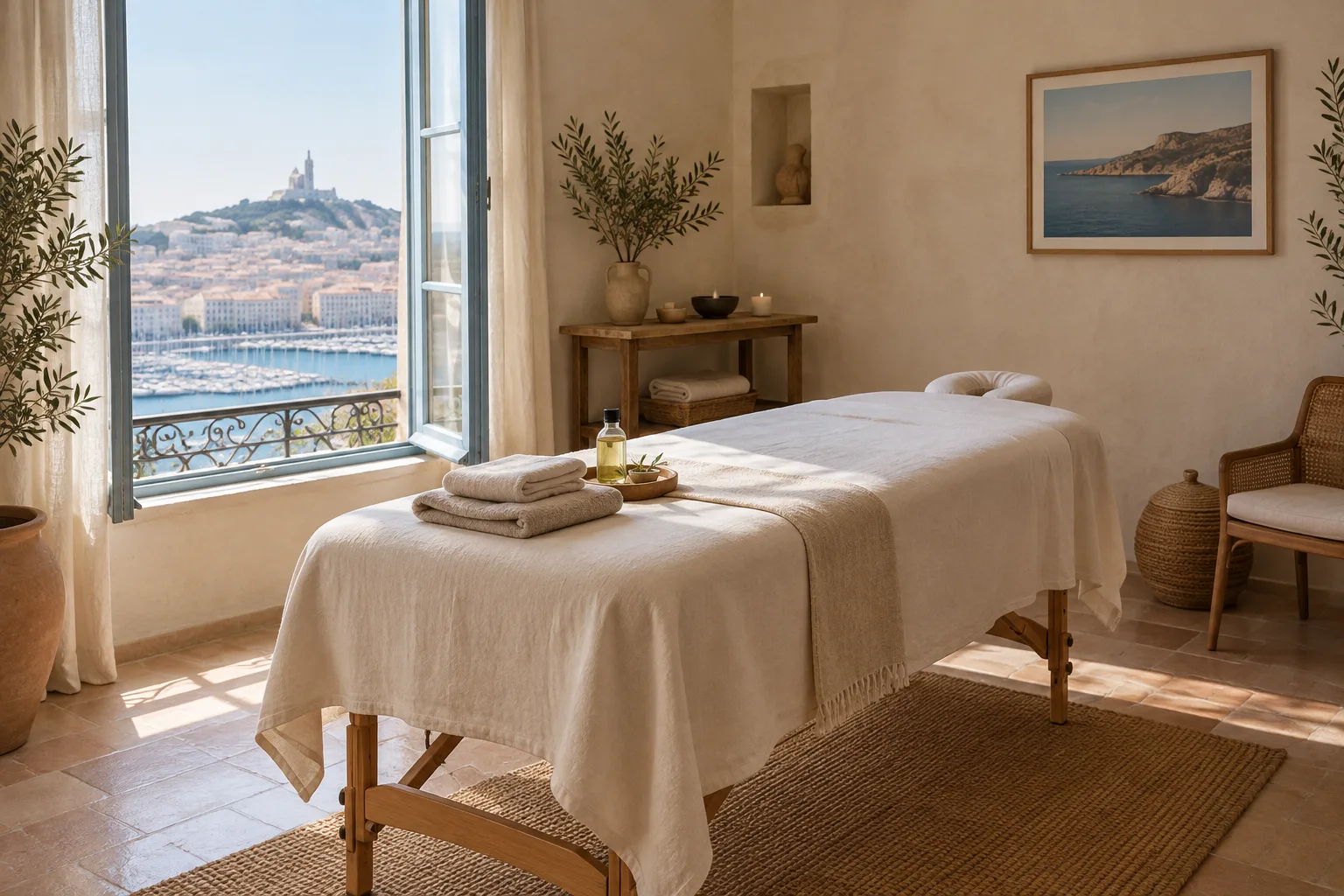 Table de massage préparée dans une pièce lumineuse, avec des serviettes et une huile de massage.