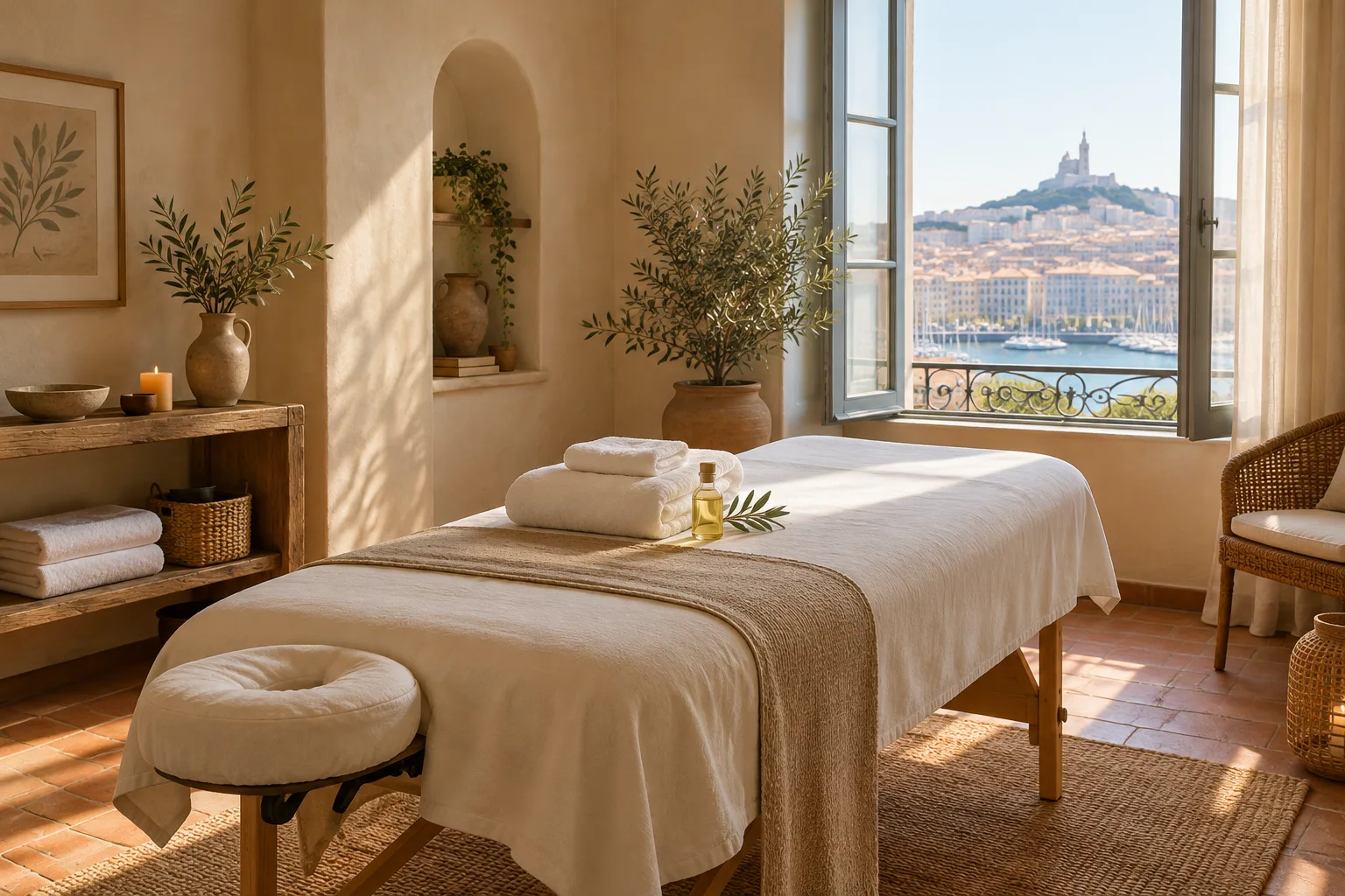 Une table de massage préparée avec des serviettes et une huile de massage dans une pièce lumineuse.