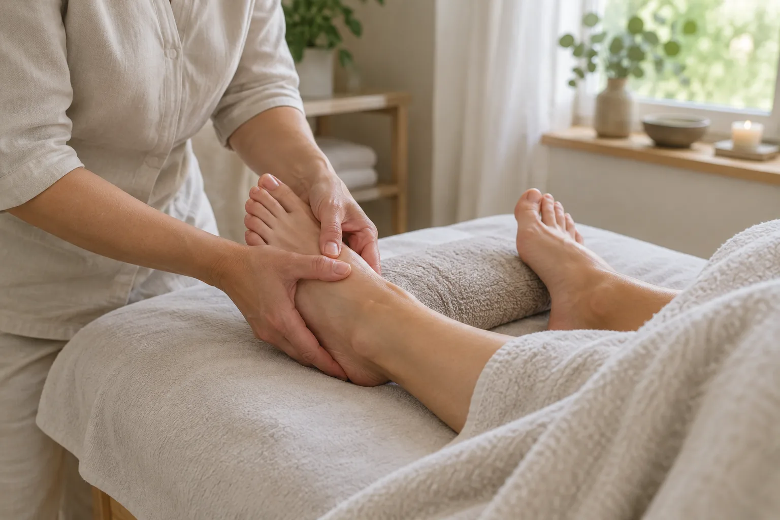 Un praticien masse doucement les pieds d’une personne installée sur une table de soin.
