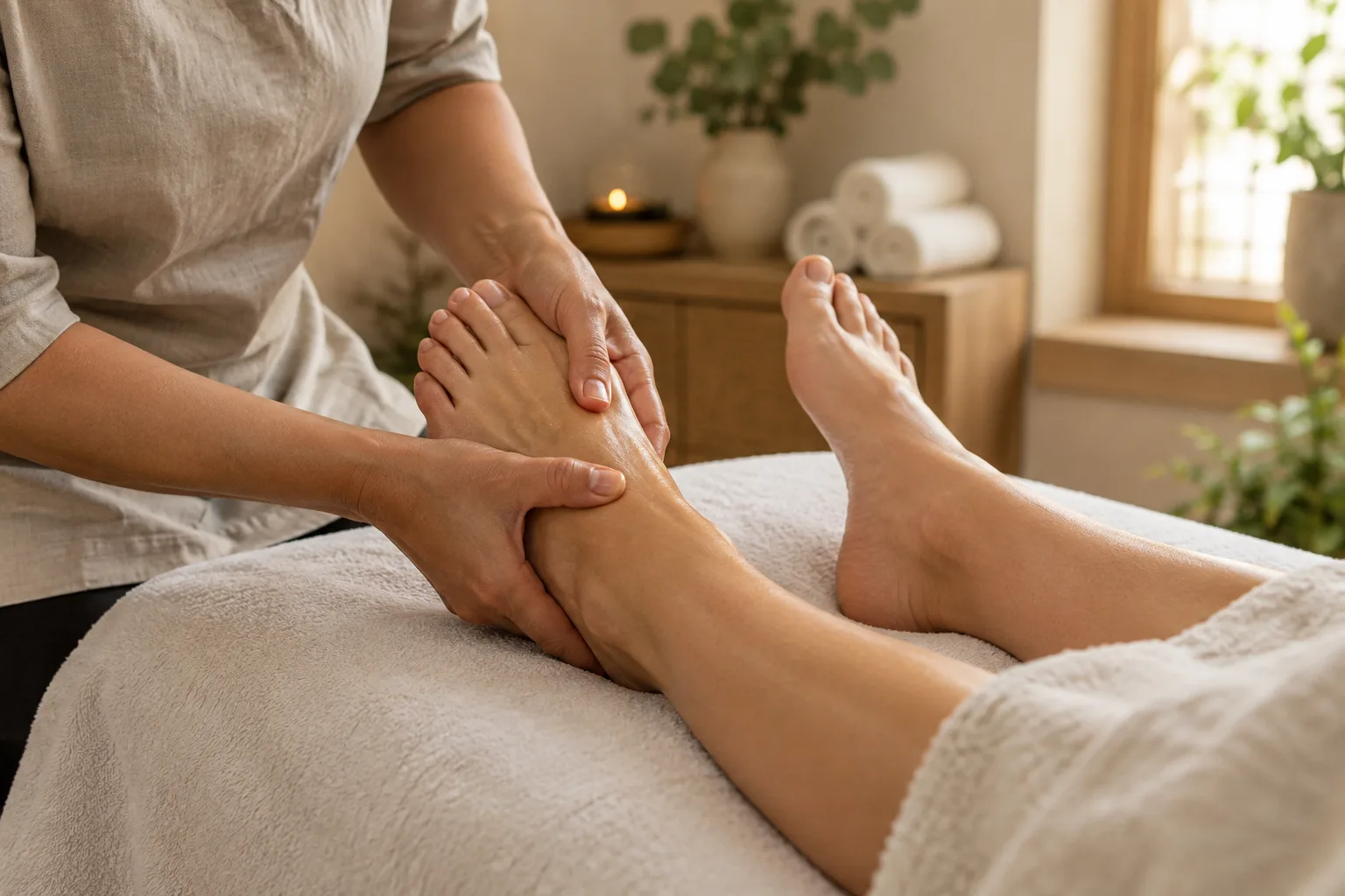 Un praticien masse doucement les pieds d’une personne installée sur une table de soin.