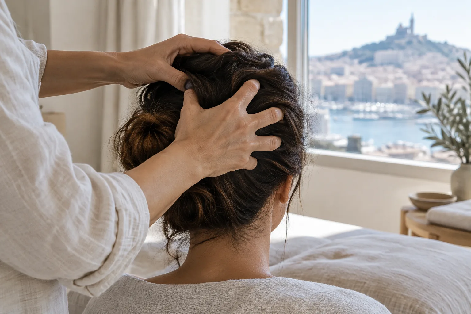 Mains d’un praticien effectuant un massage doux du cuir chevelu.