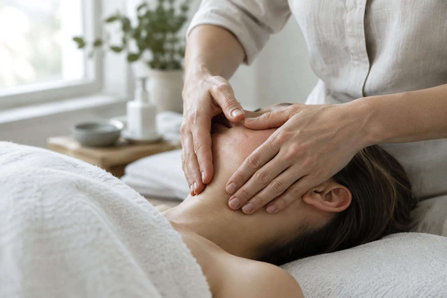 Mains d’une praticienne réalisant un massage doux sur la joue d’une personne allongée.
