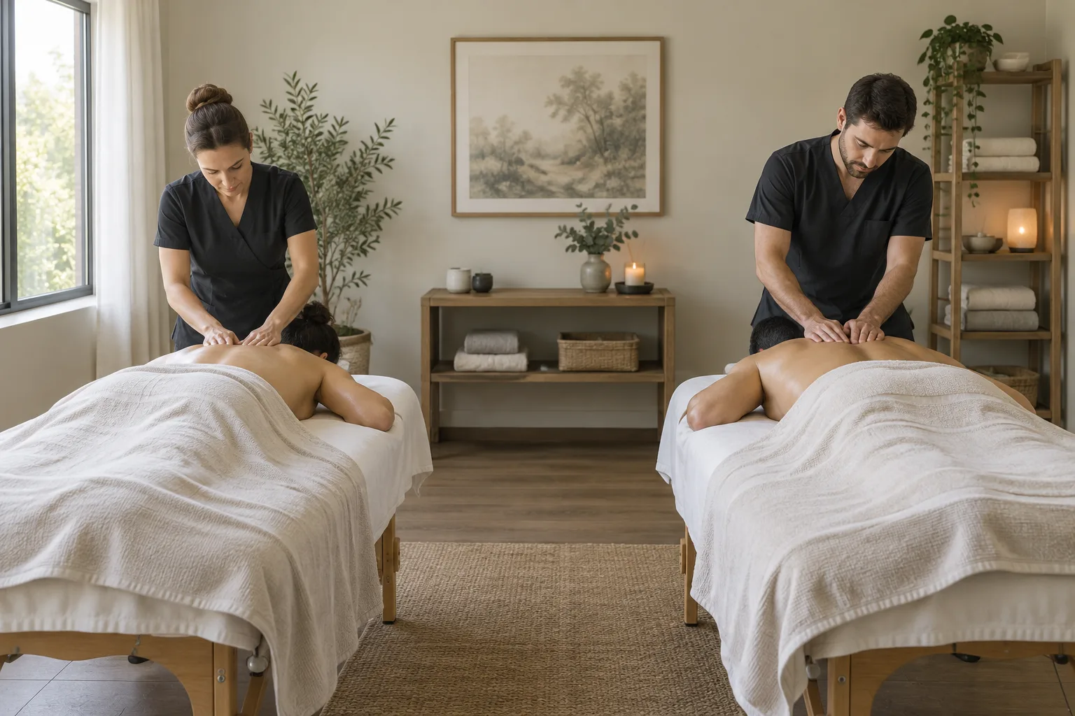 Deux personnes reçoivent simultanément un massage sur des tables côte à côte.