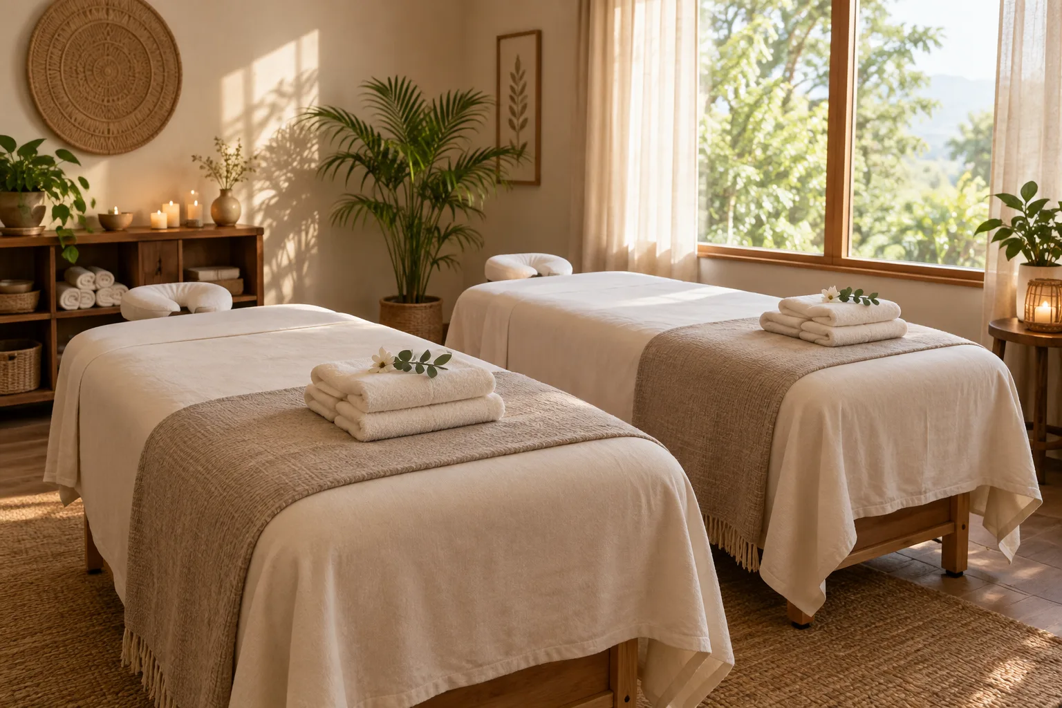 Deux tables de massage installées côte à côte dans une pièce lumineuse.