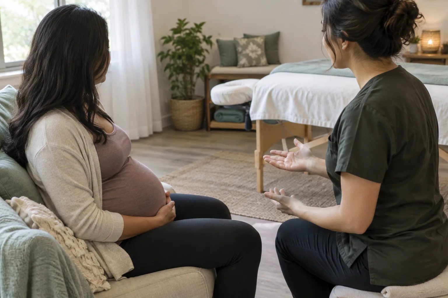 Un praticien échange avec une personne enceinte avant une séance, dans une salle de massage.