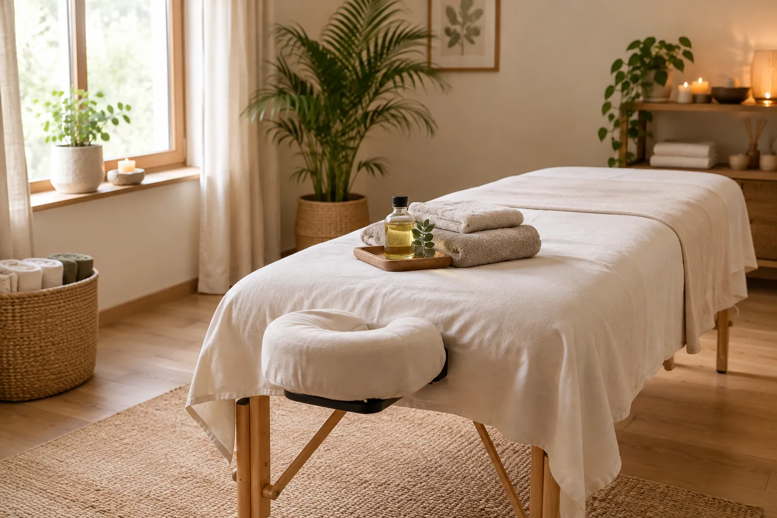 Table de massage préparée avec des serviettes et une huile de massage dans une pièce lumineuse.
