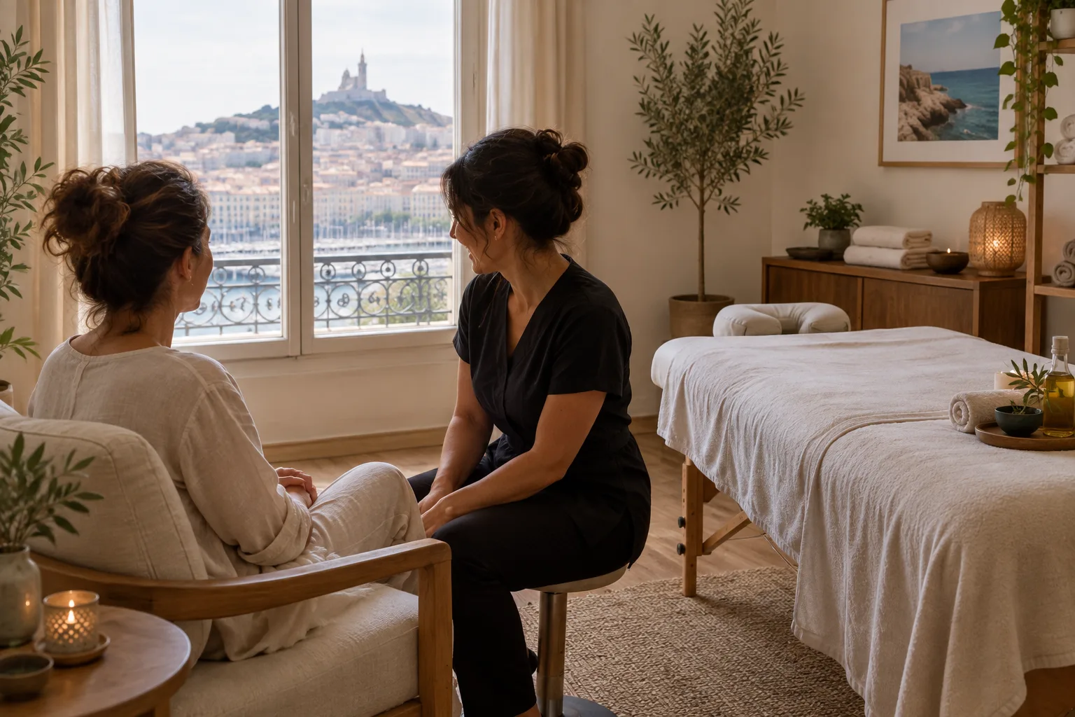 Une personne échange avec une praticienne avant un massage dans une pièce lumineuse.