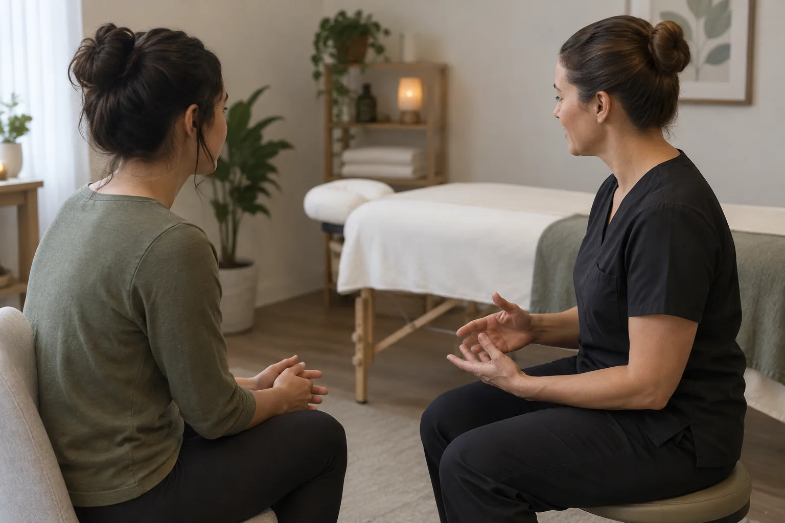 Une personne échange avec une praticienne avant un massage, dans une pièce calme.