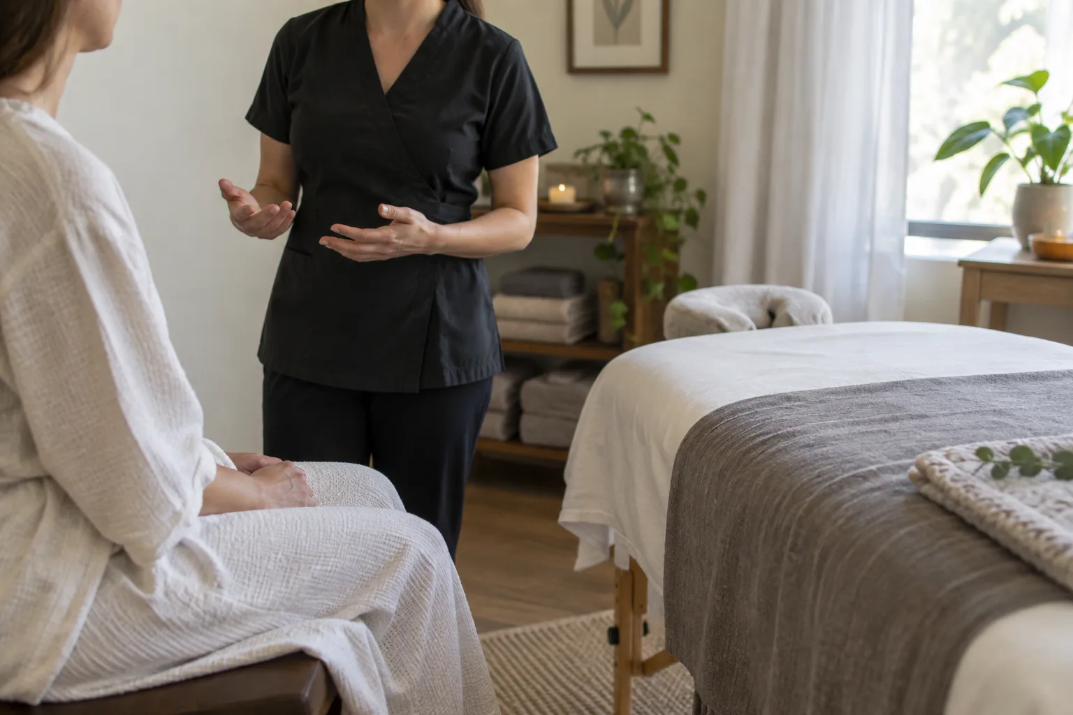 Un praticien échange avec une personne avant son massage, près de la table de séance.
