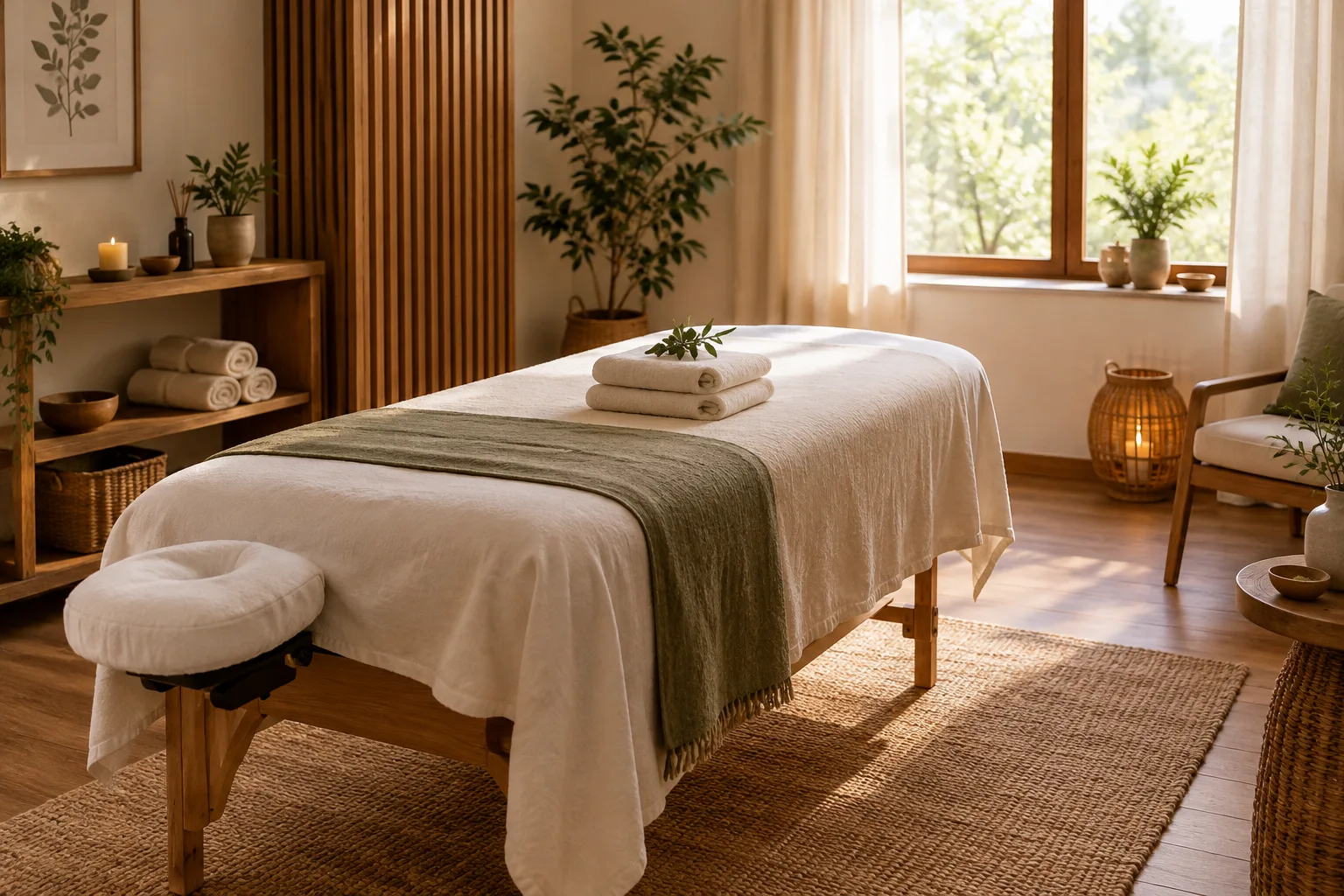 Table de massage préparée dans une pièce calme, avec des serviettes pliées.