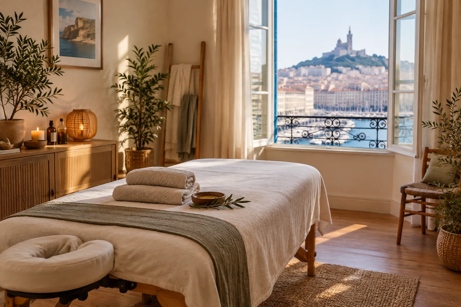 Une table de massage préparée dans une pièce calme et lumineuse.