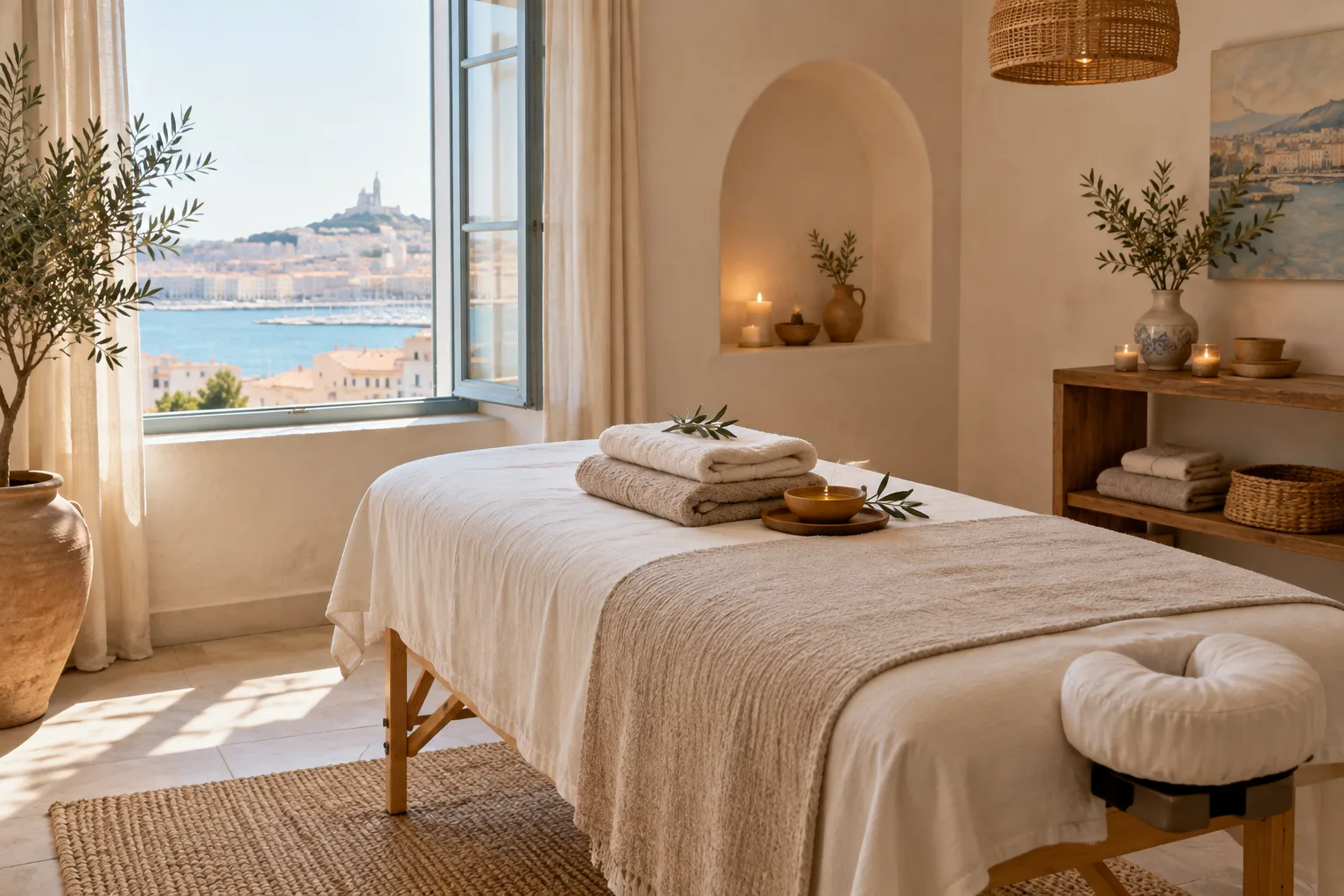Une table de massage préparée dans une pièce lumineuse aux tons doux.