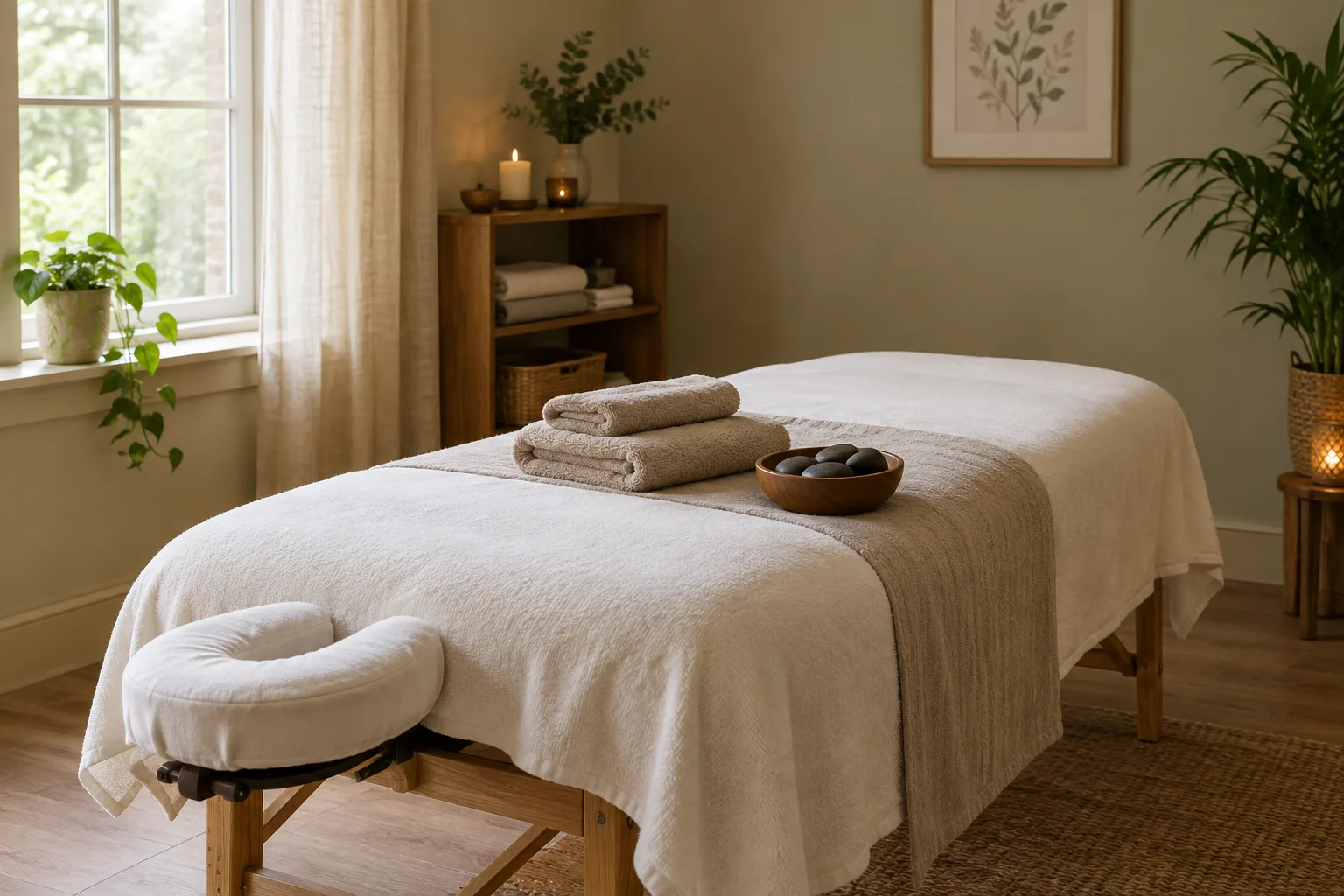Table de massage préparée dans une pièce calme et lumineuse.