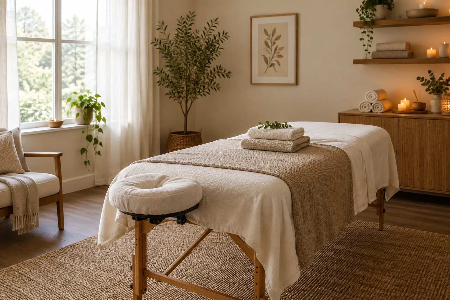 Une table de massage préparée dans une pièce calme et lumineuse.