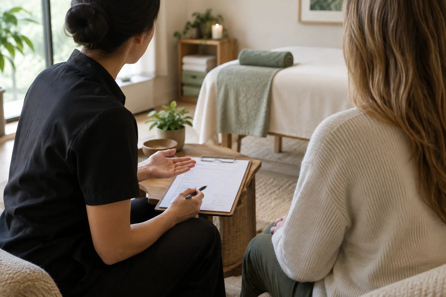 Un praticien échange avec une personne avant une séance de massage.