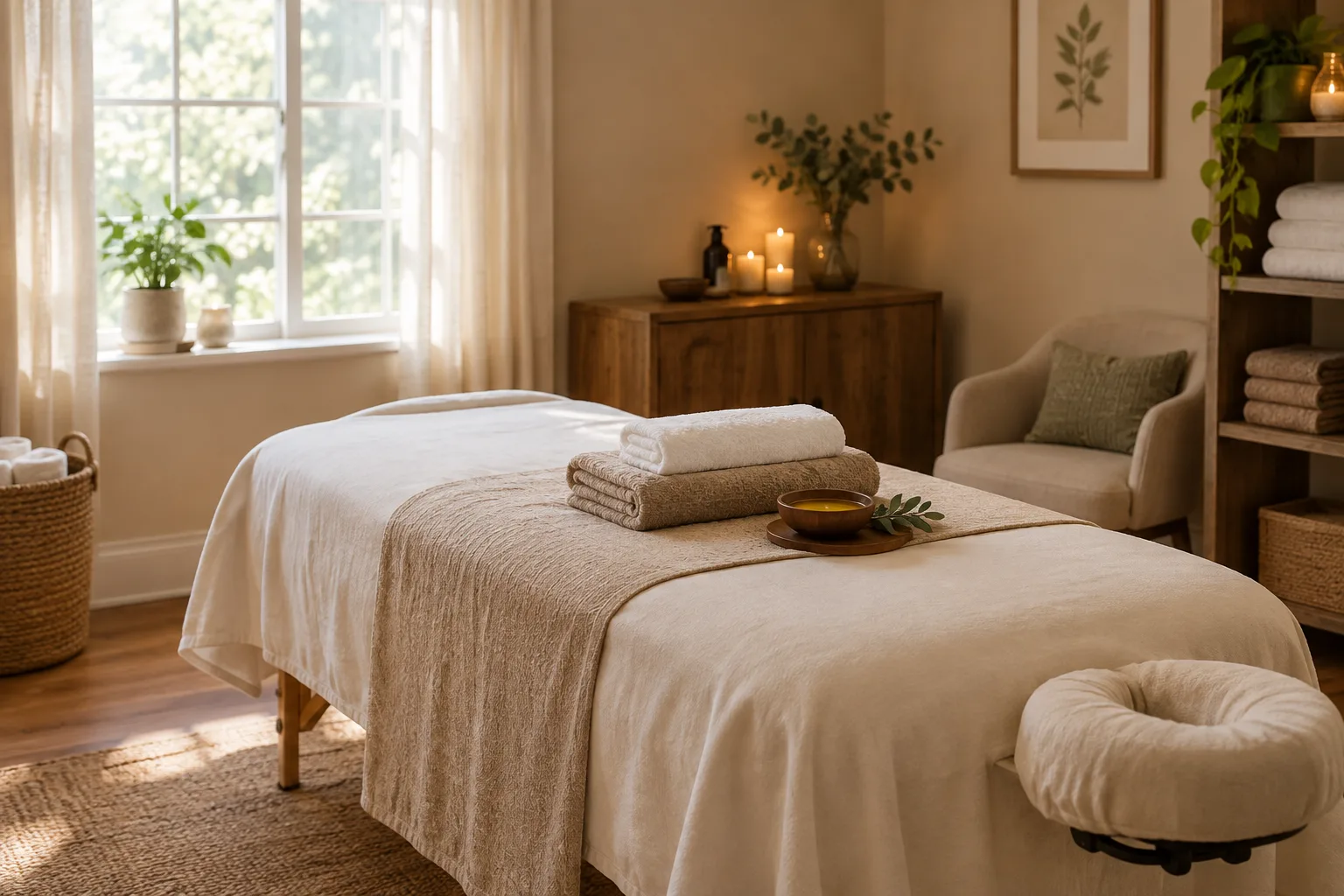 Table de massage préparée dans une pièce lumineuse et apaisante.