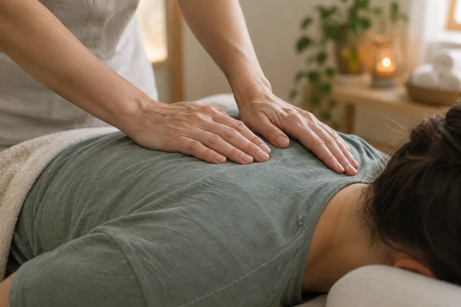 Mains d’un praticien posées doucement sur le haut du dos d’une personne pendant un massage.