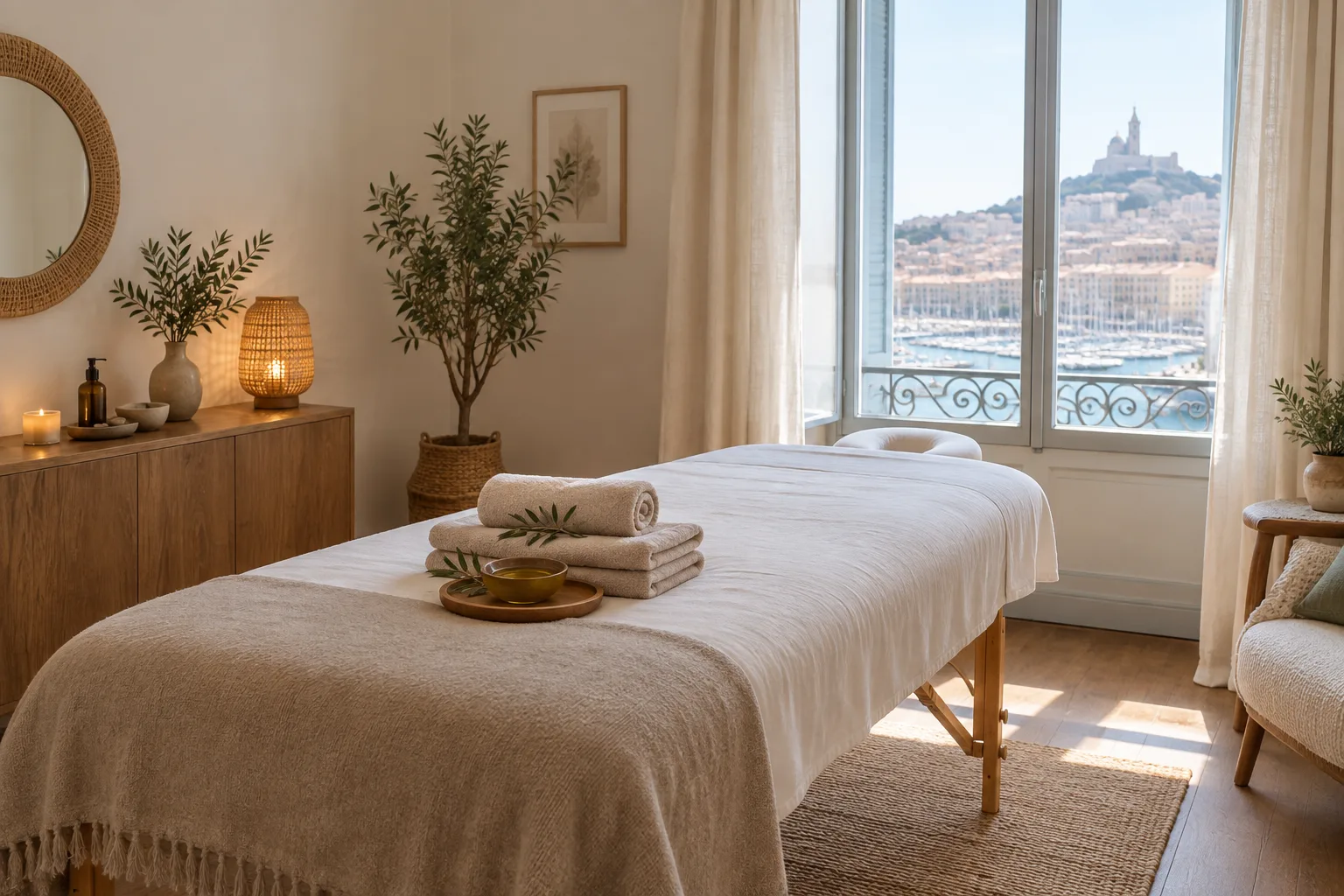 Salle de massage lumineuse avec une table préparée et des serviettes pliées.