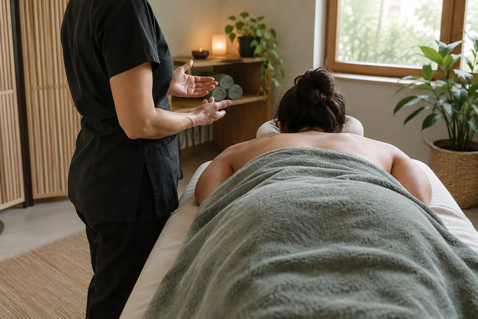 Un praticien échange avec une personne installée sur une table de massage avant la séance.