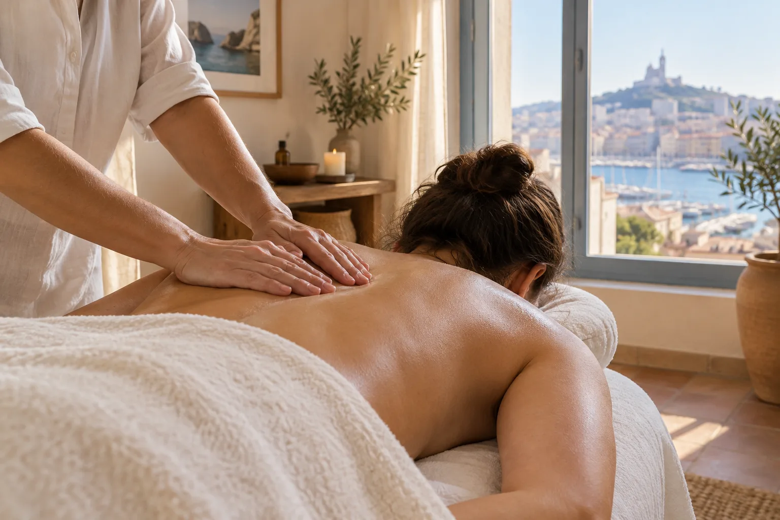Des mains exercent une pression douce sur le dos d’une personne pendant un massage.