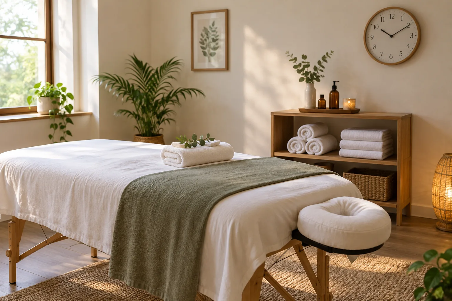 Une table de massage préparée avec des serviettes et une horloge à proximité.
