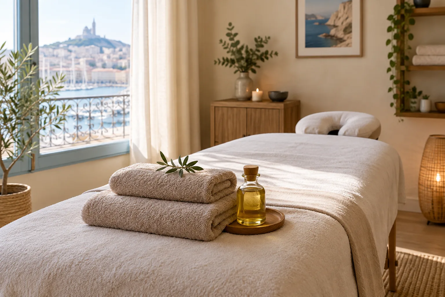 Table de massage préparée dans une pièce lumineuse, avec des serviettes pliées et une huile de massage.