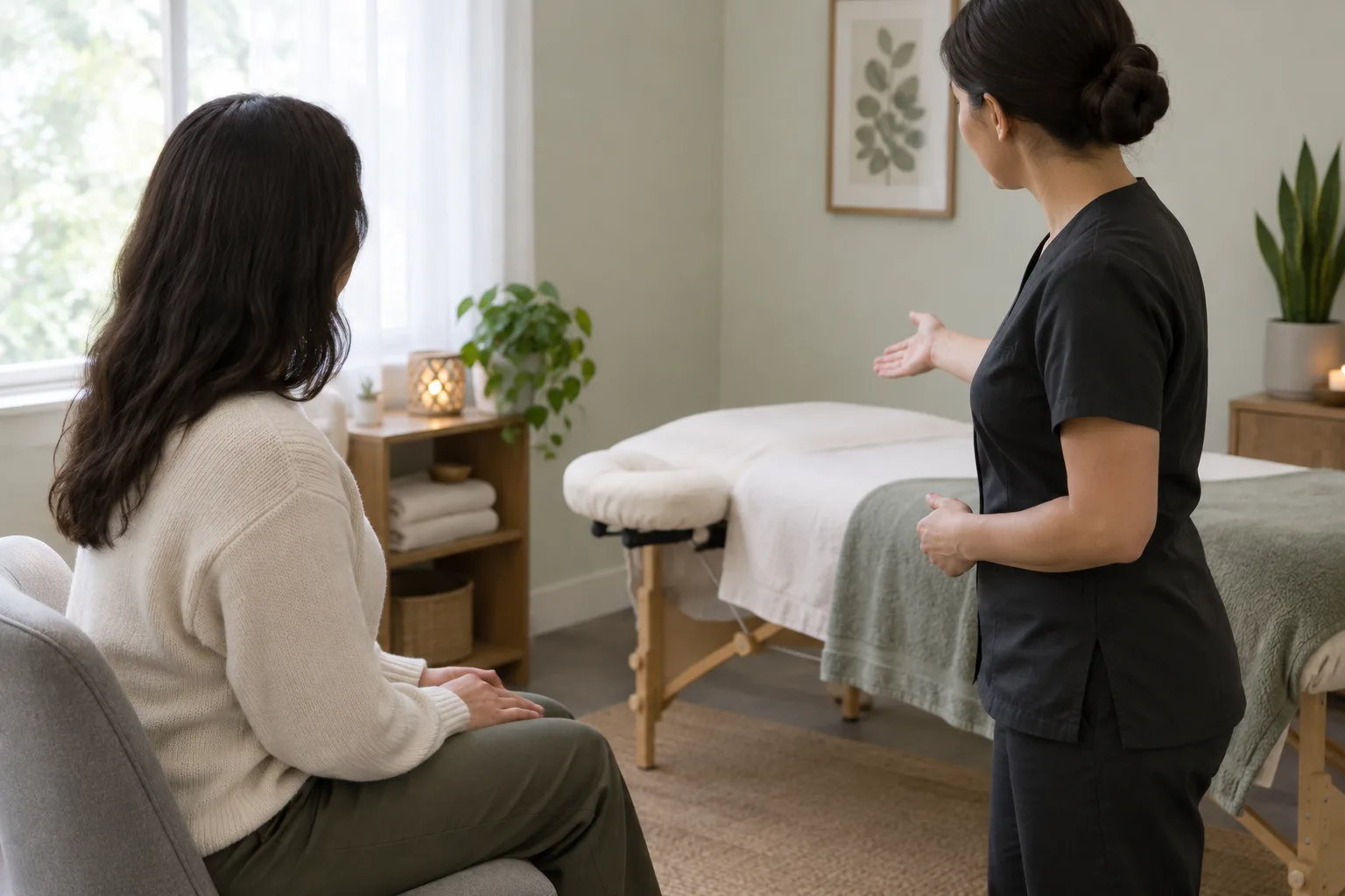 Une personne échange avec un praticien avant de s’installer pour un massage.