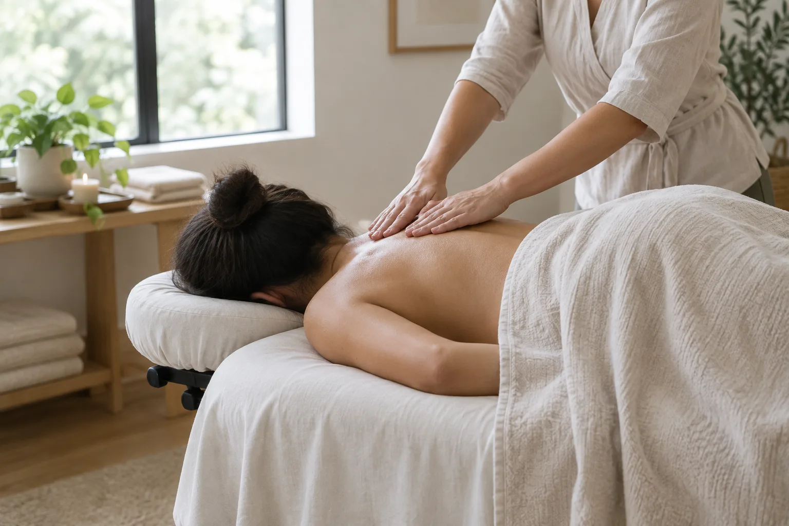 Une personne installée sur une table de massage pendant qu’un praticien travaille doucement le haut du dos.